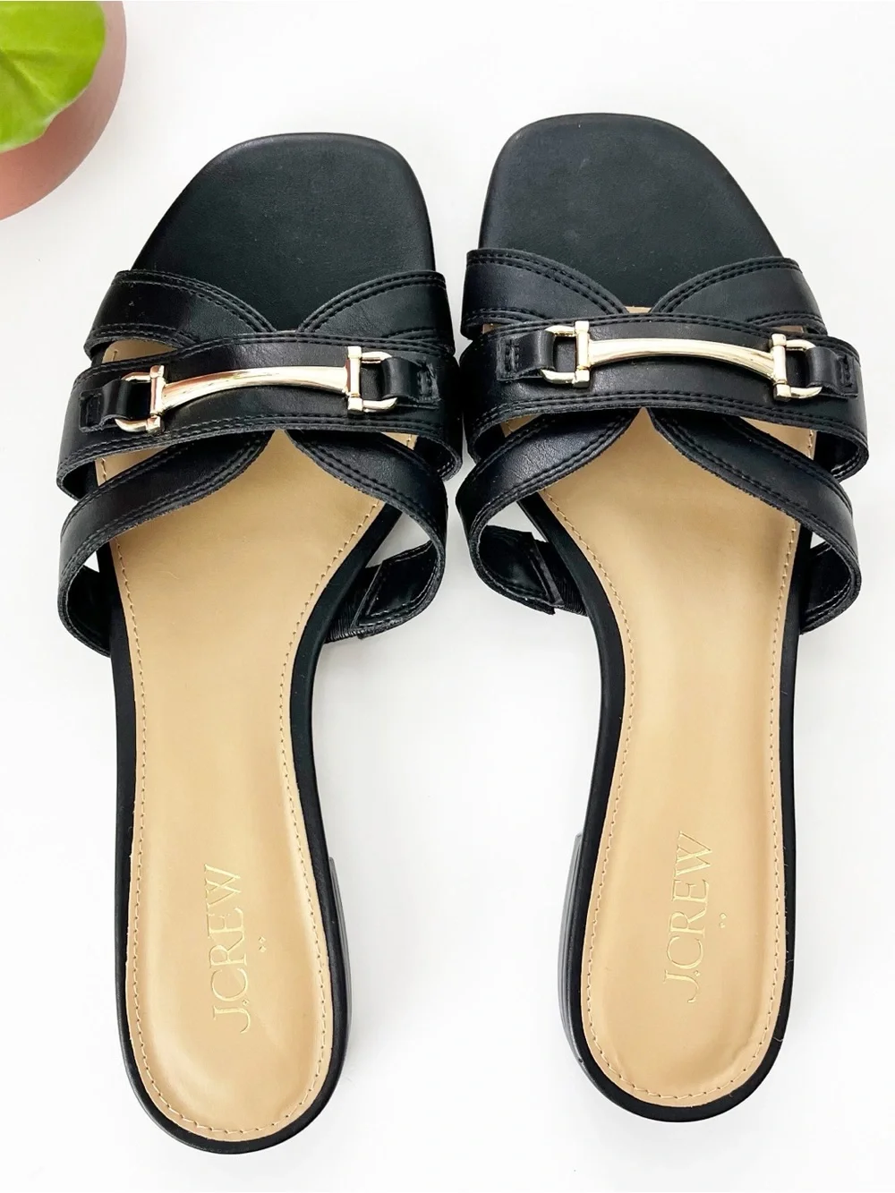 J.Crew Black Strappy Upper Gold Hardware Bit Slide Casual Sandals